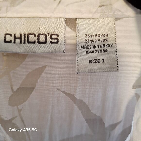 Chicos Sheer White Button-Down Blouse With Bamboo Print & 3/4 Sleeves Size 1 Ray - Picture 5 of 8